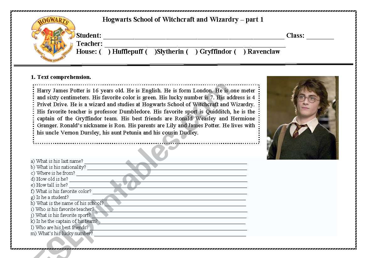 Harry Potter - part 1 worksheet