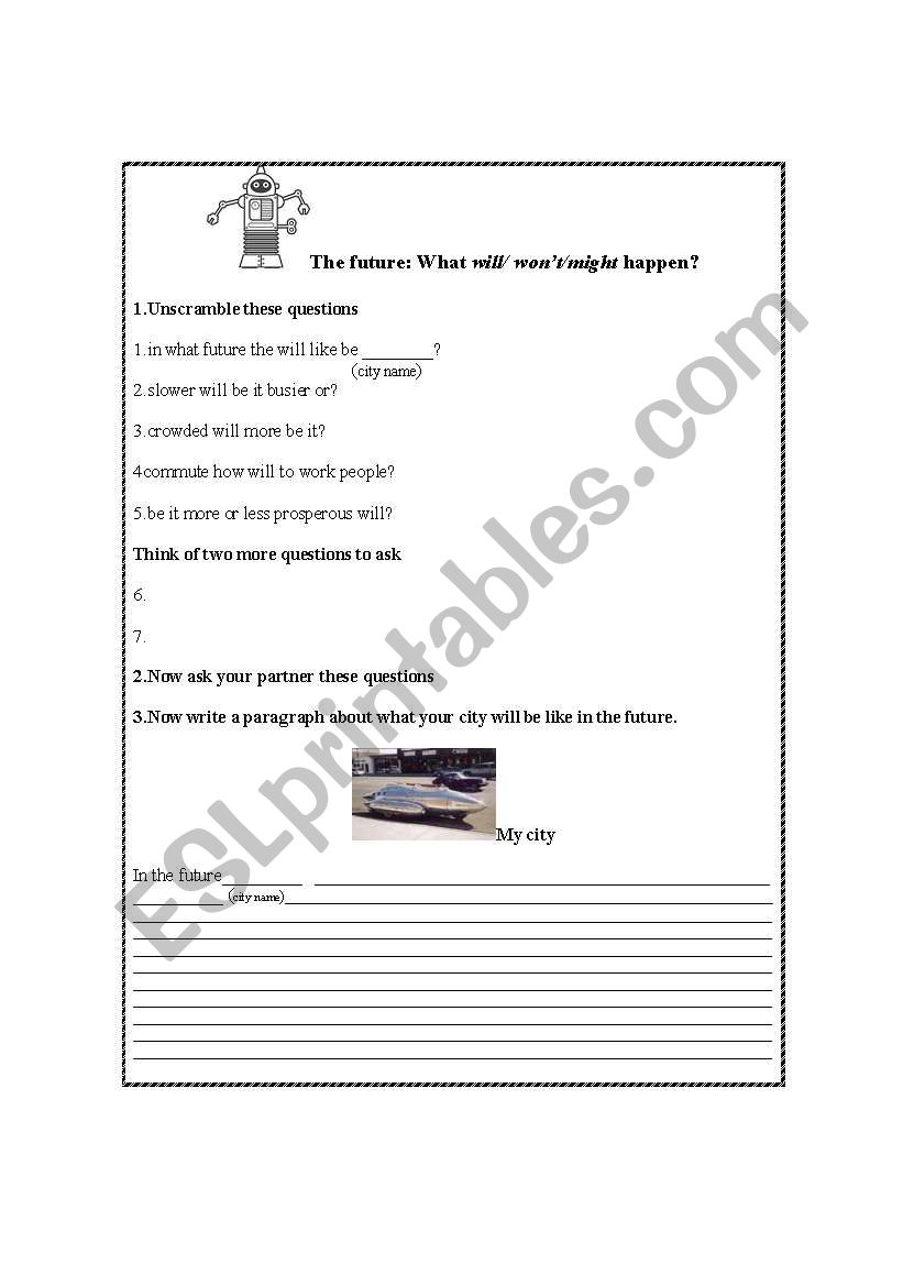 Future simple writing worksheet: Pre-intermediate level