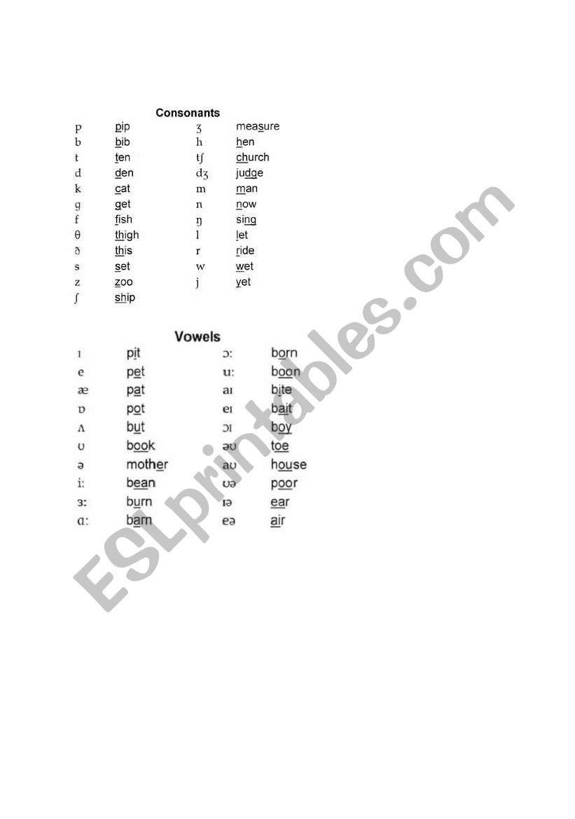 PHONETICS TABLE worksheet