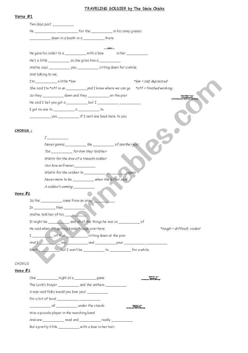 Travelin soldier worksheet