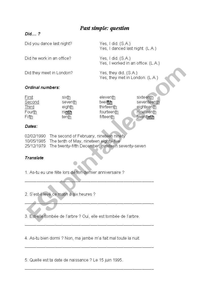 Past simple: question worksheet