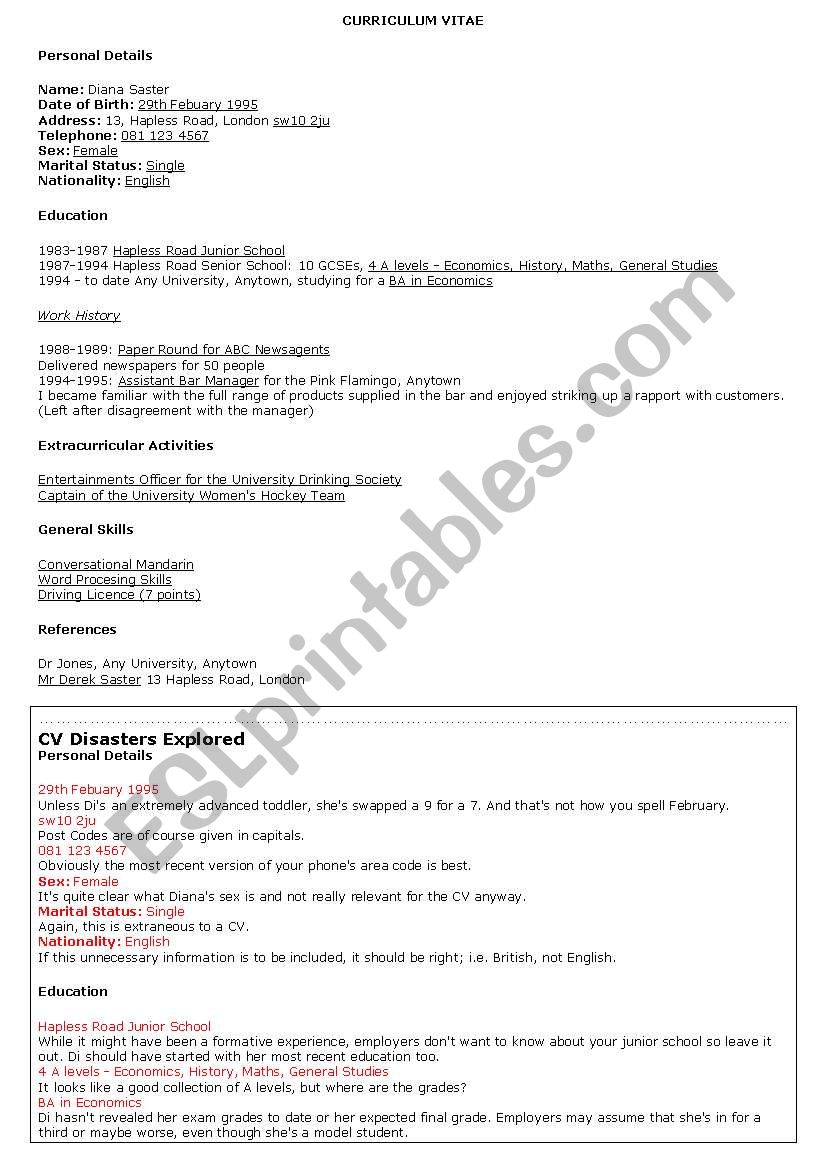 CV Disasters worksheet