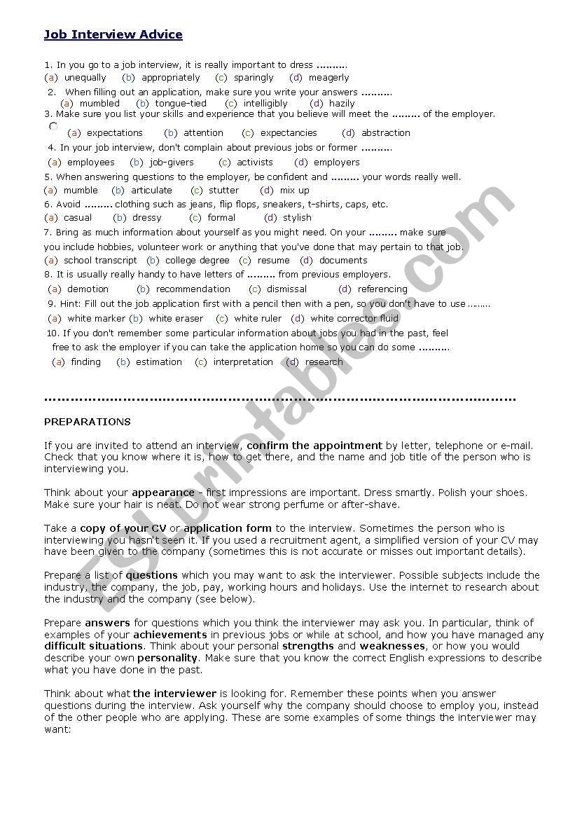 Job Interview Advice worksheet