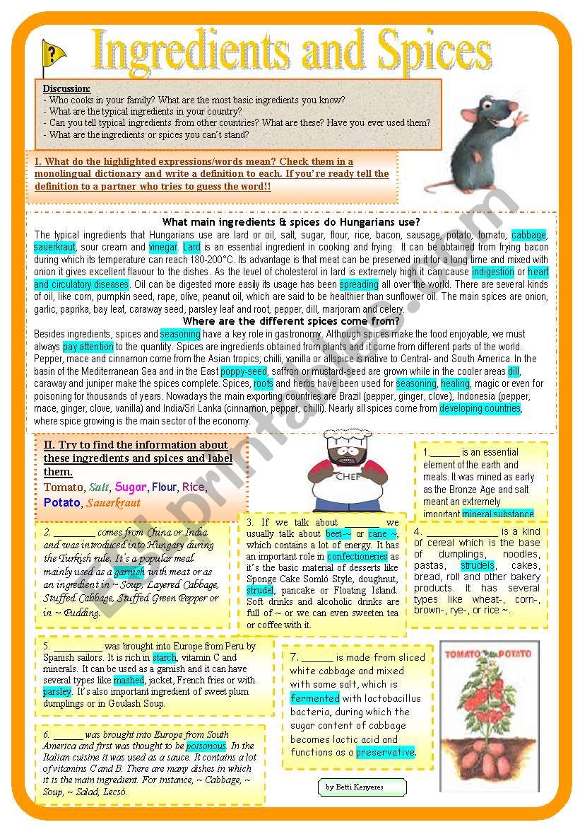 Ingredients and spices worksheet