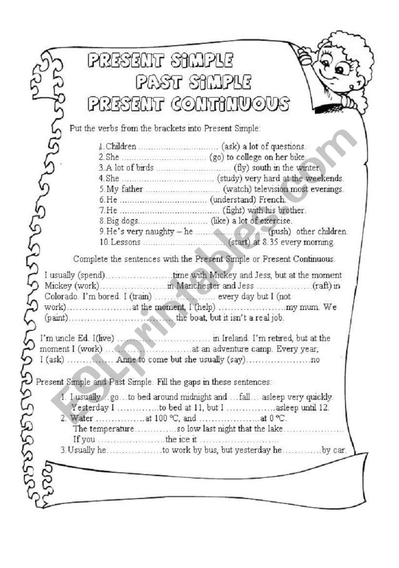 exercises on present simple when contrasted with past simpel and present continuous