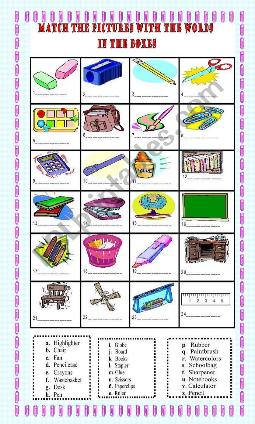 Classroom Objects: matching exercise