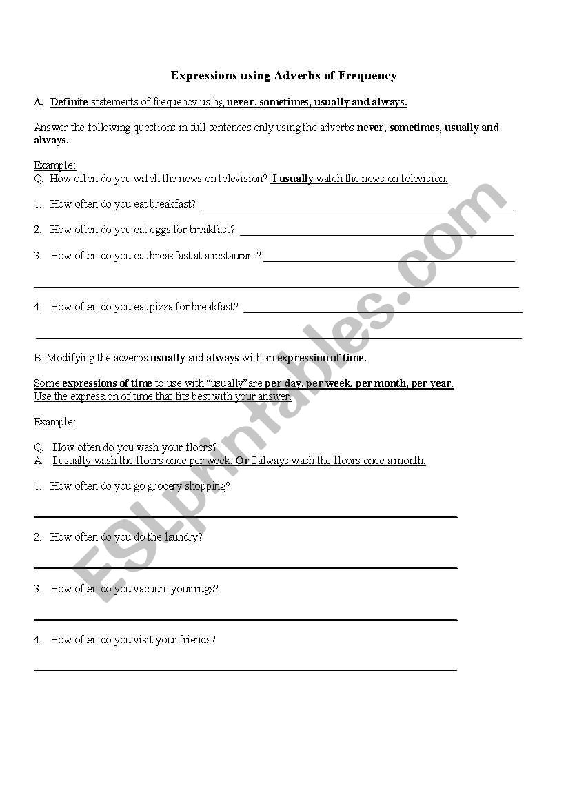 Using Adverbs of frequency worksheet