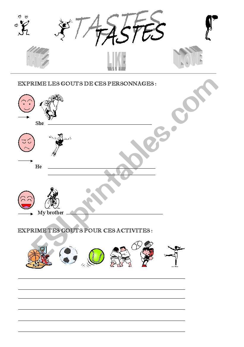 tastes worksheet