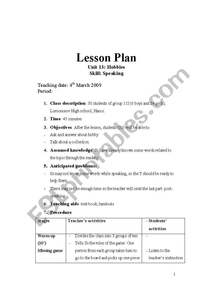 lesson plan: speaking unit 13, English 11