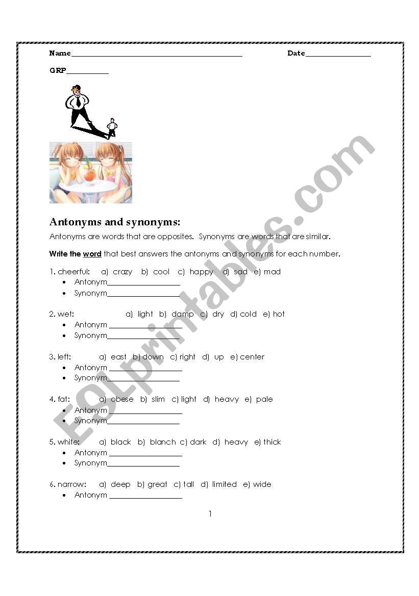 Antonyms and Synonyms worksheet
