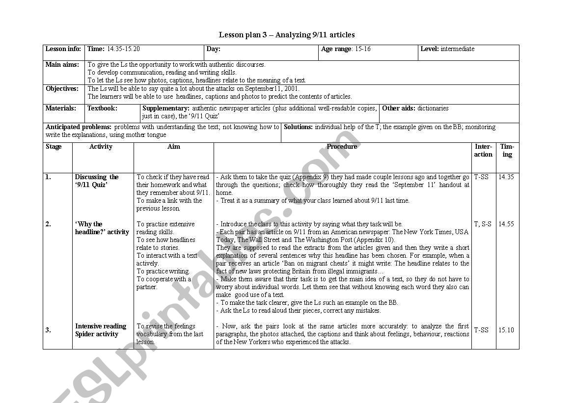 Analyzing 9/11 articles worksheet