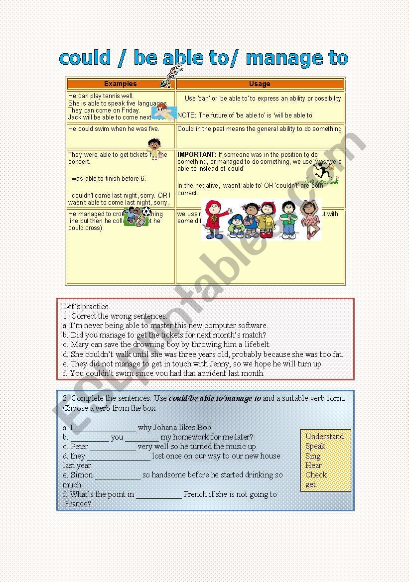 could/ be able to / manage to worksheet