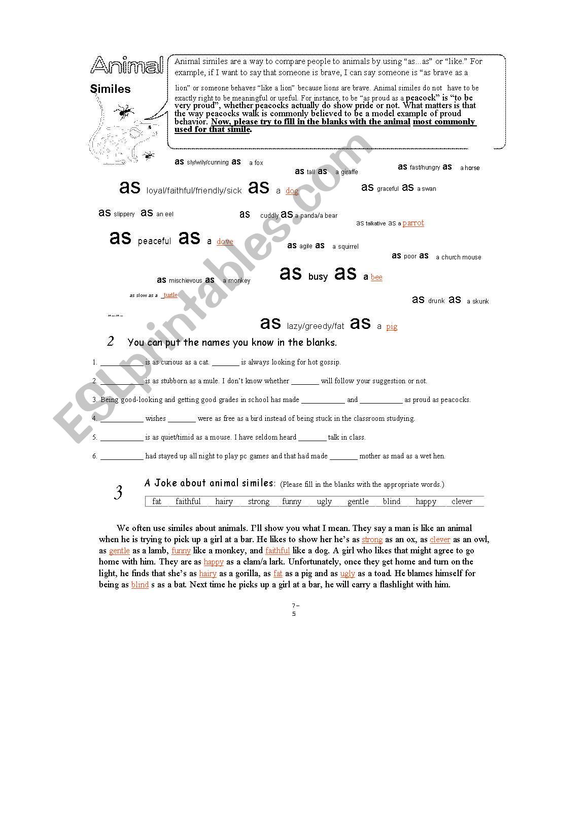 Animal similes (Answers) worksheet