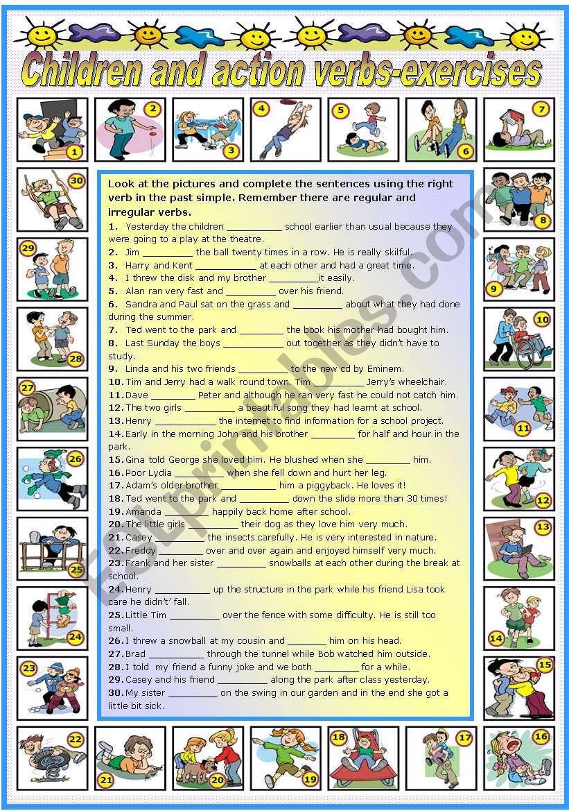 CHILDREN AND ACTION VERBS- EXERCISES -PAST SIMPLE OF REGULAR AND IRREGULAR VERBS (B&W VERSION AND KEY  INCLUDED)