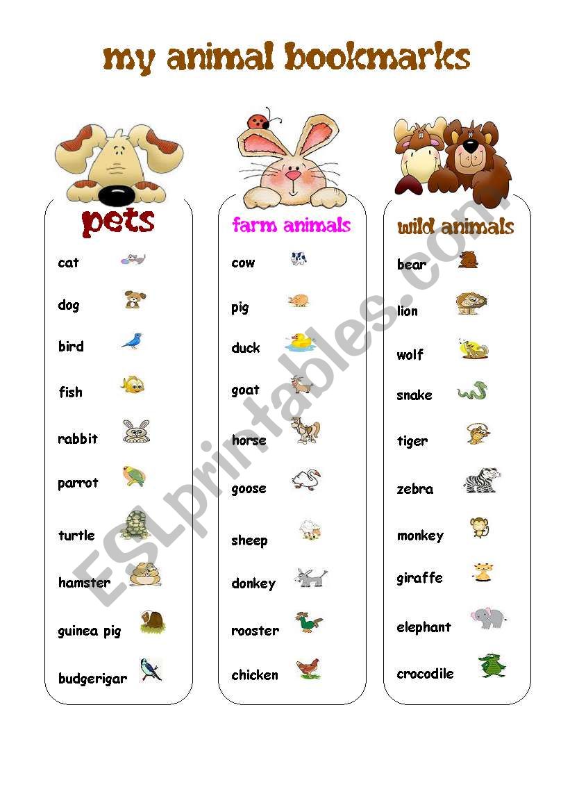 MY ANIMAL BOOKMARKS worksheet