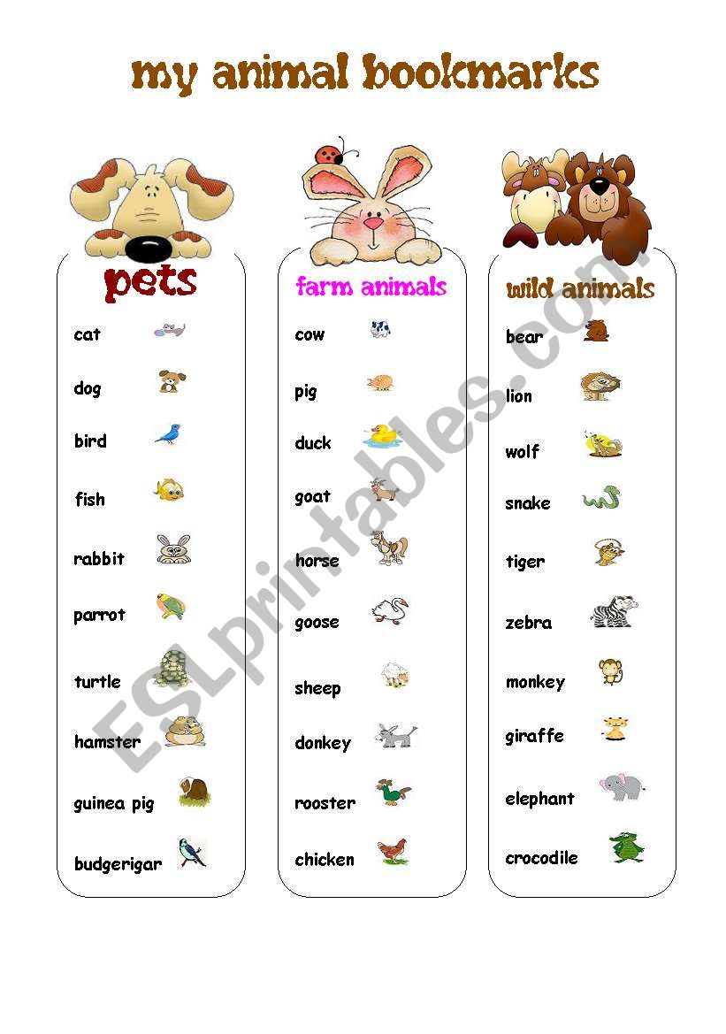 MY ANIMAL BOOKMARKS worksheet