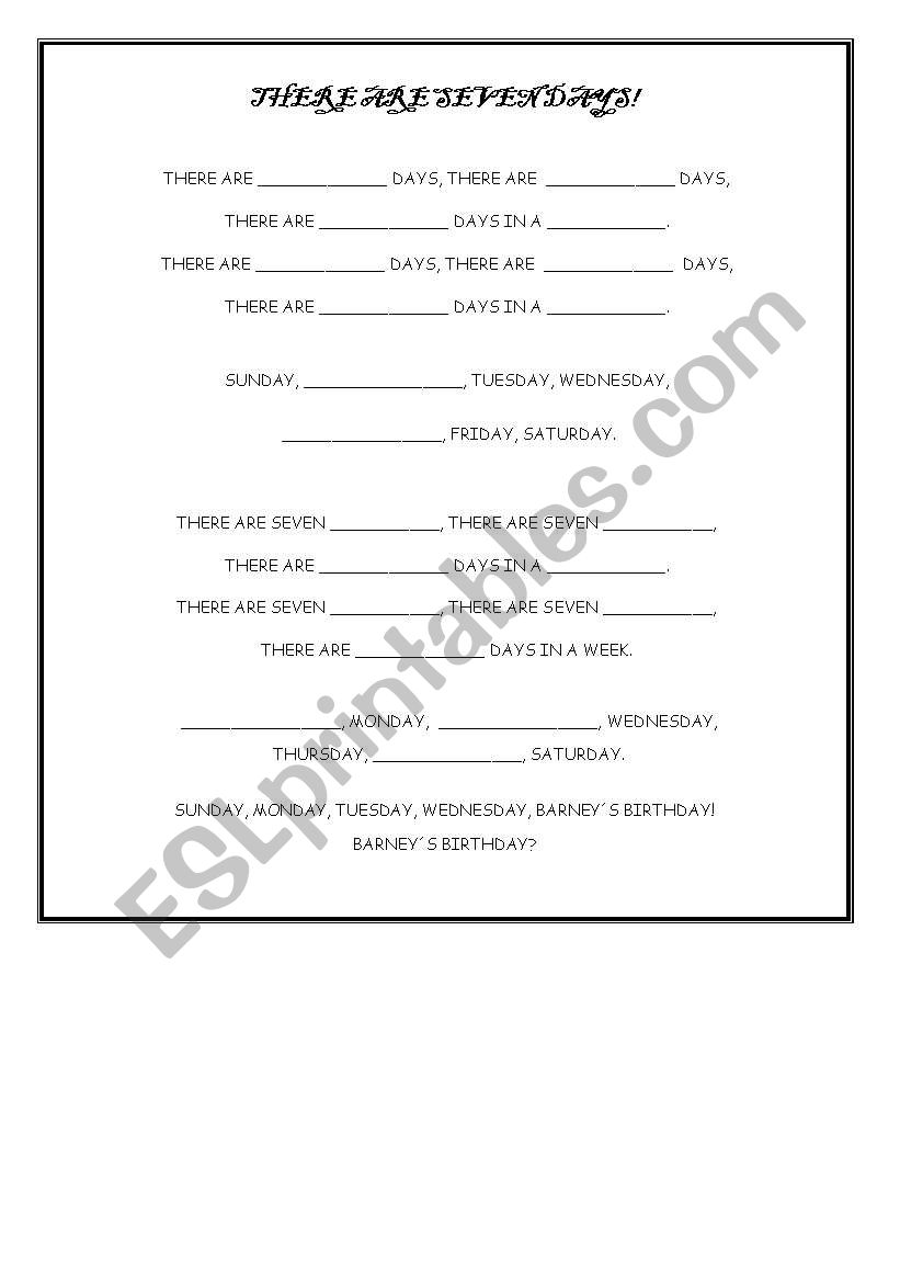 There are 7 days Song worksheet