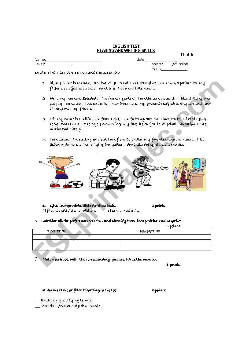 english test worksheet