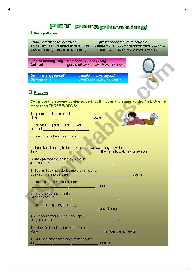 Pet paraphrasing worksheet