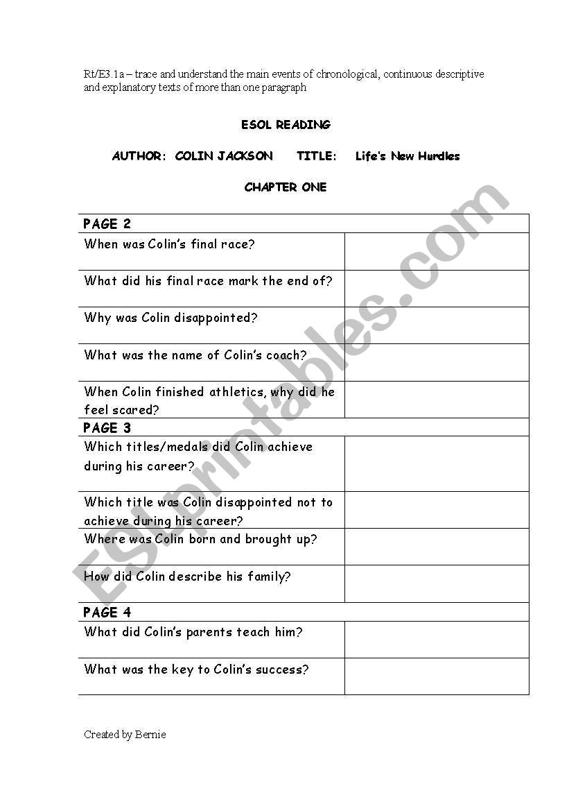 Reading - Colin Jackson worksheet