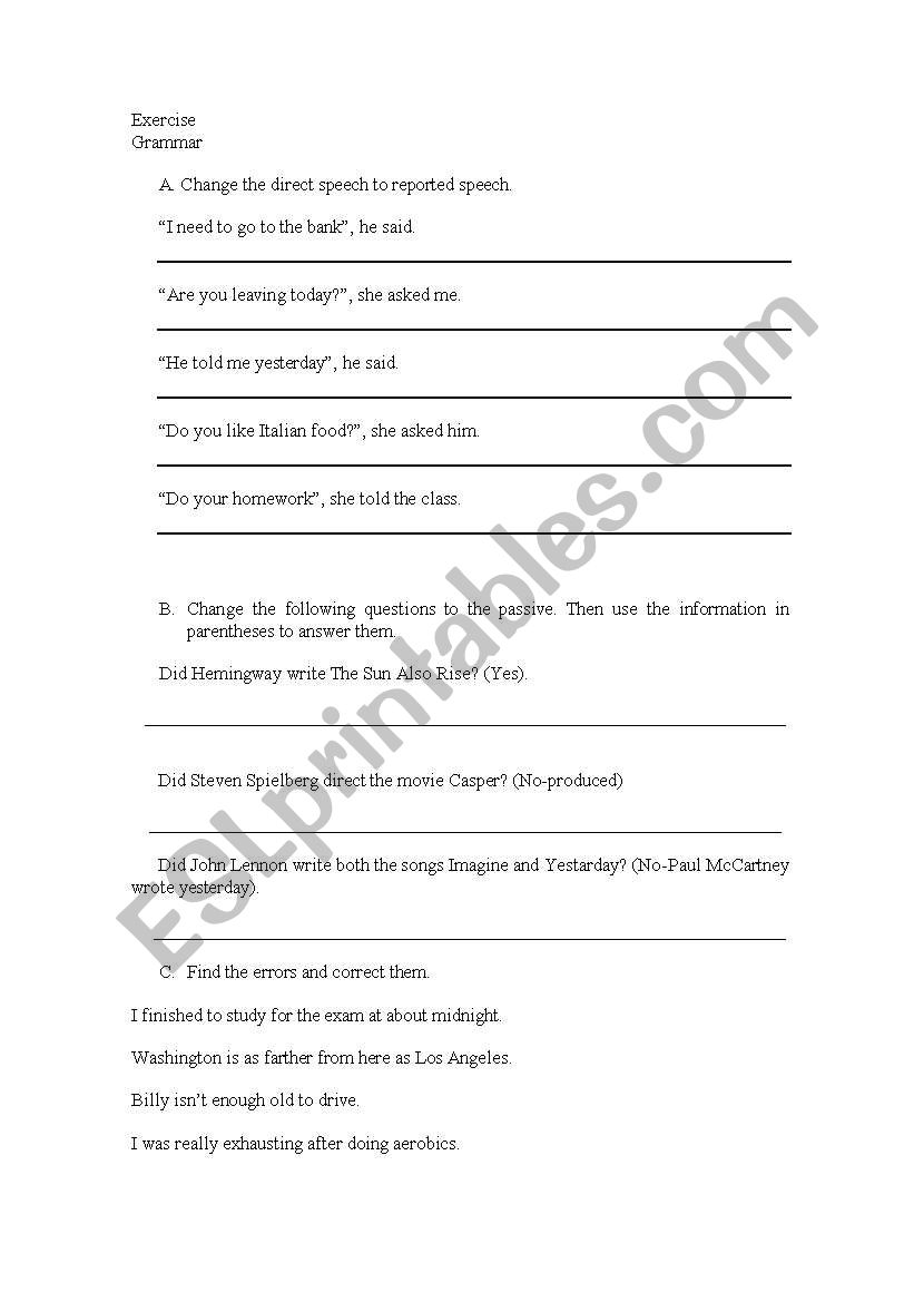 direct speech reported speech worksheet