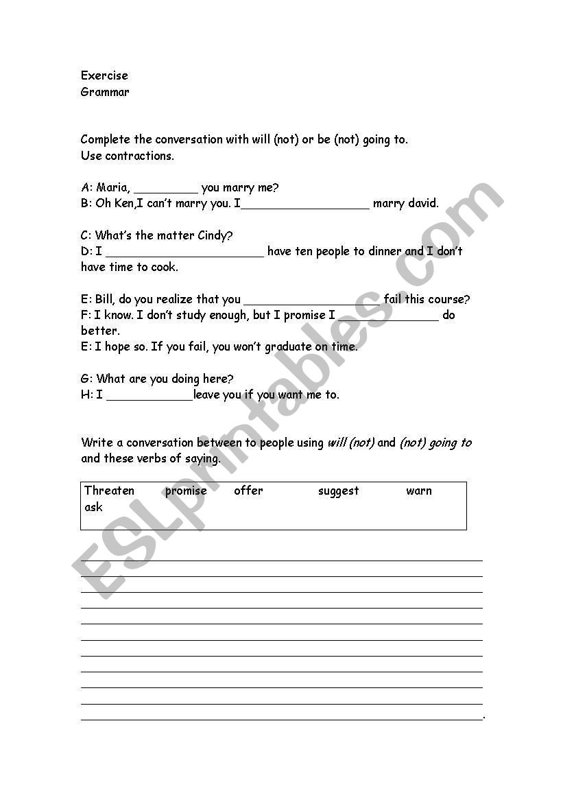 Will (not);  going to worksheet