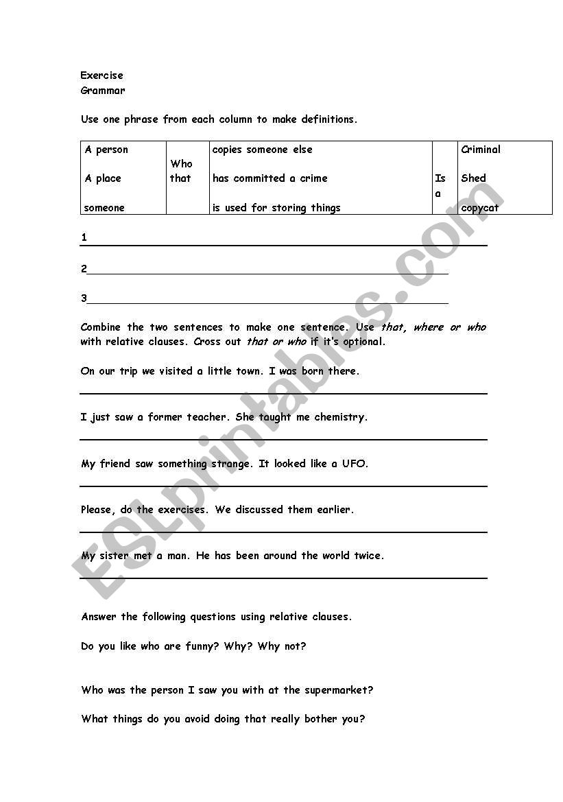 relative pronouns and clauses worksheet