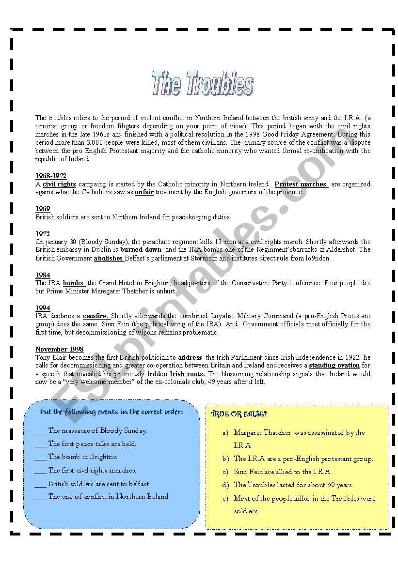 The Troubles worksheet