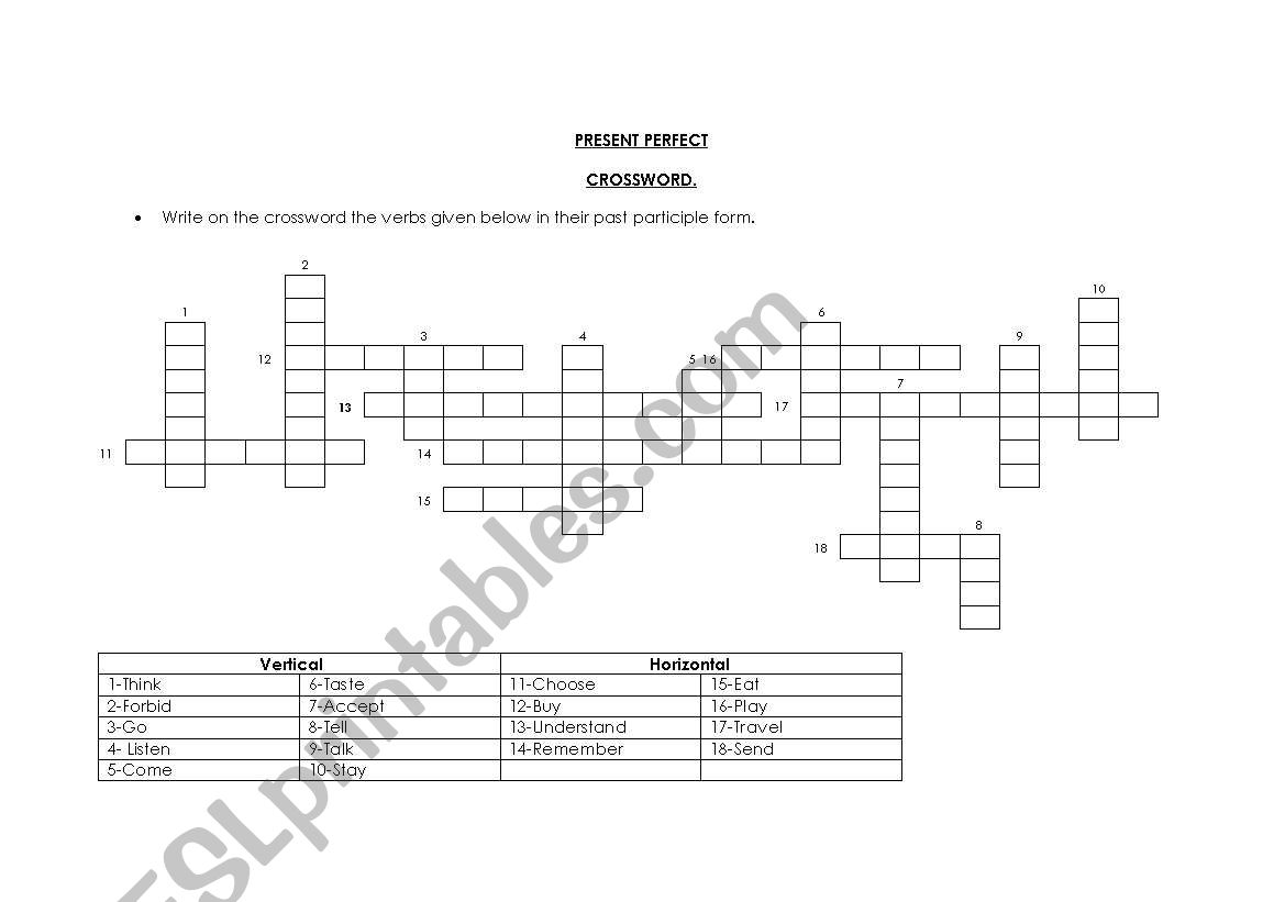 Past participle Crossword worksheet