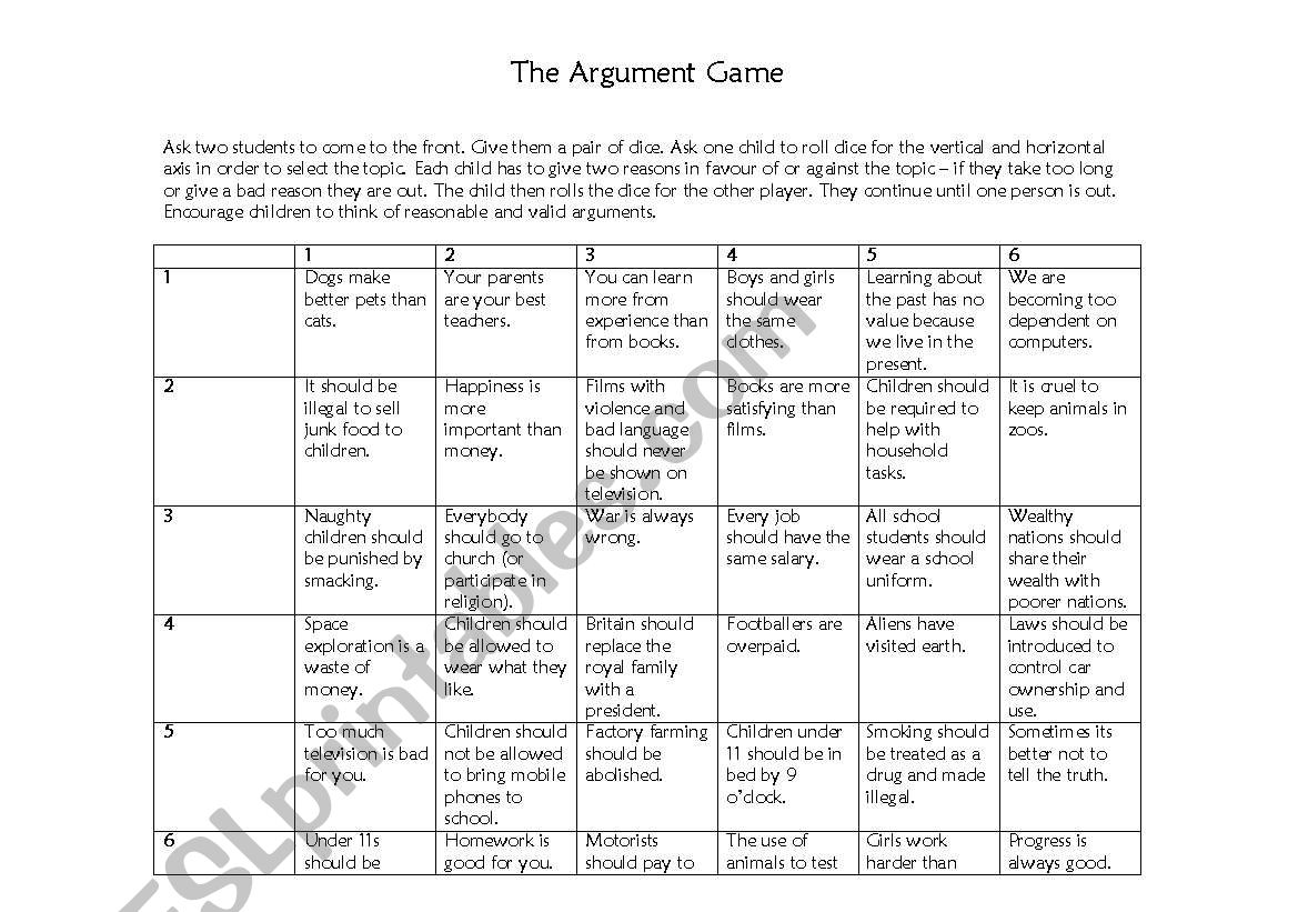 Debating - The Argument Game worksheet