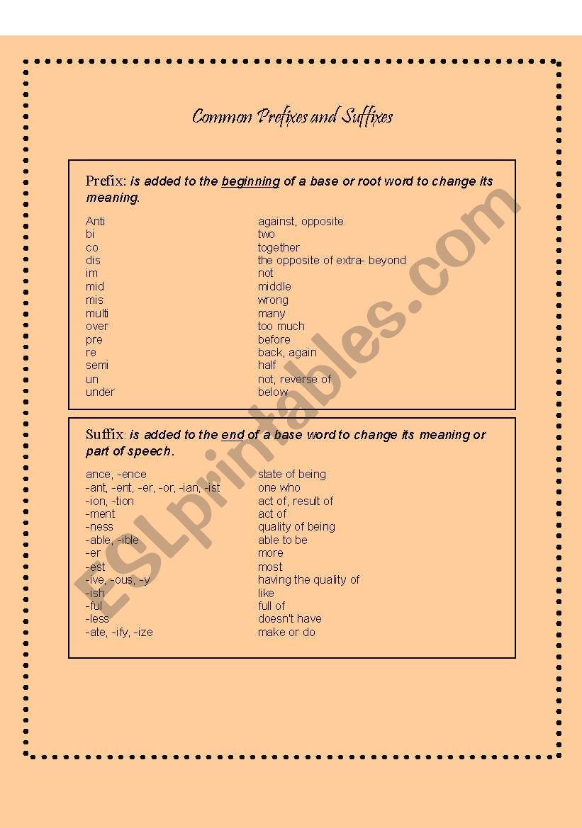 Prefix and Suffix Handout and Practice