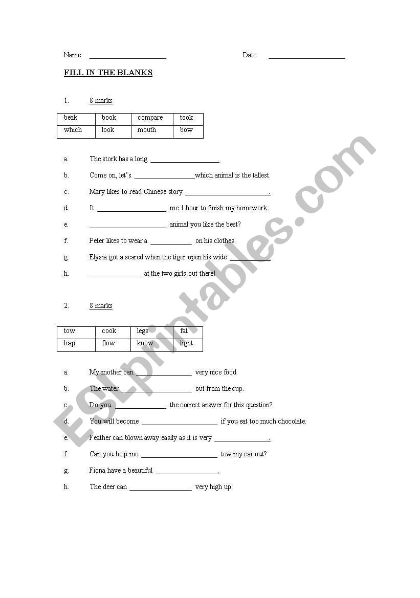 fill in the correct word worksheet