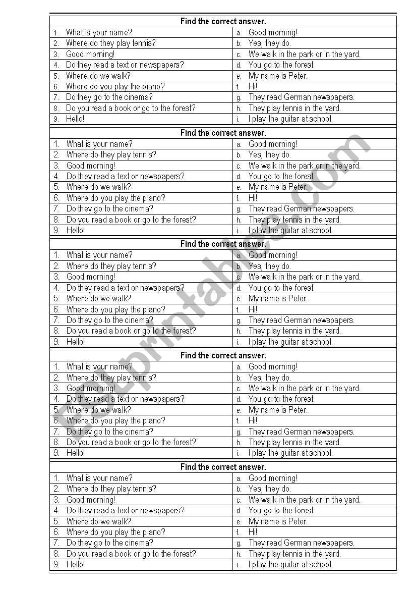 Write the correct answer worksheet