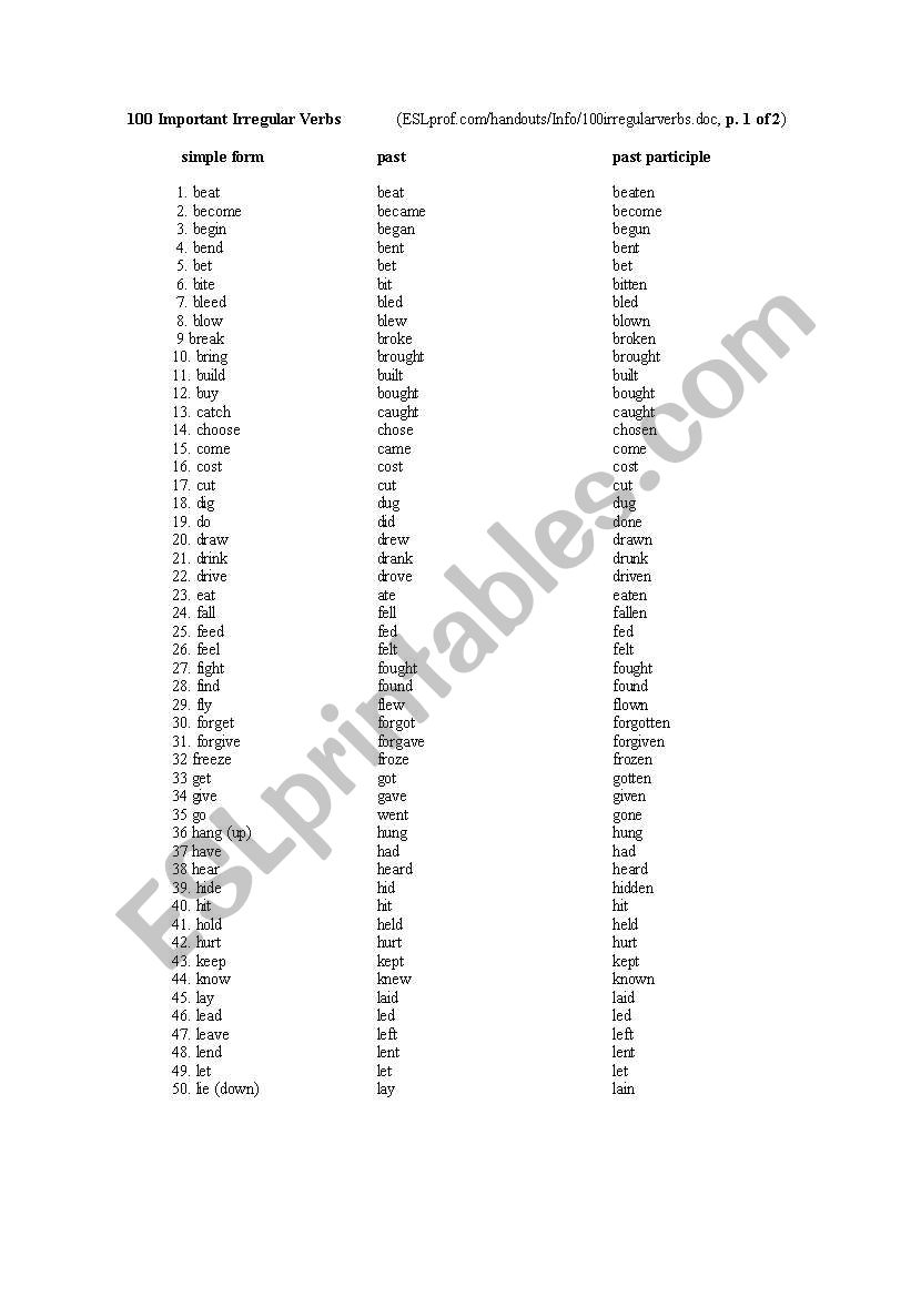 100 irregularverbs worksheet