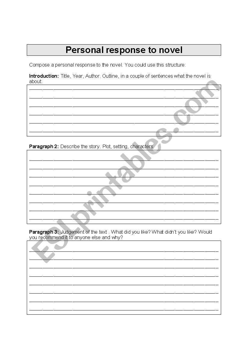Personal Response to a novel  worksheet