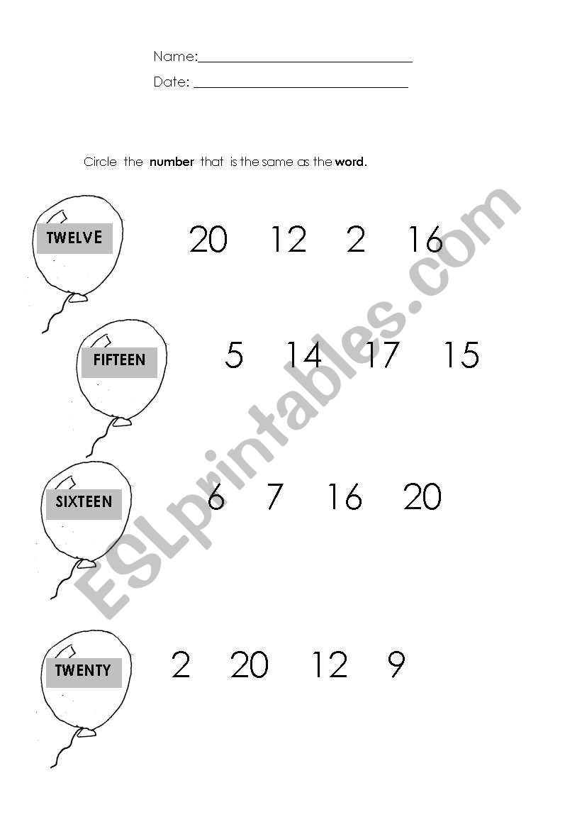 Numbers - 11 to 20 worksheet