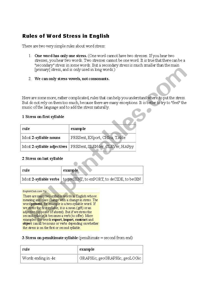 word stress worksheet