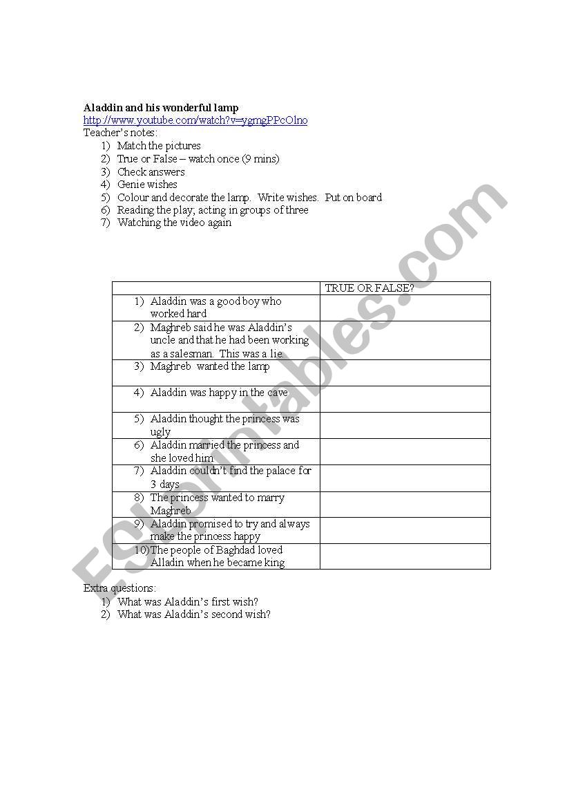 Aladdins lamp worksheet