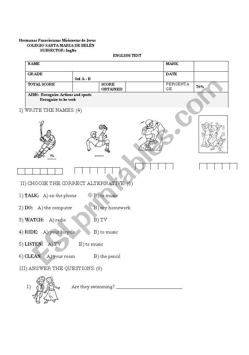 sports and actions worksheet