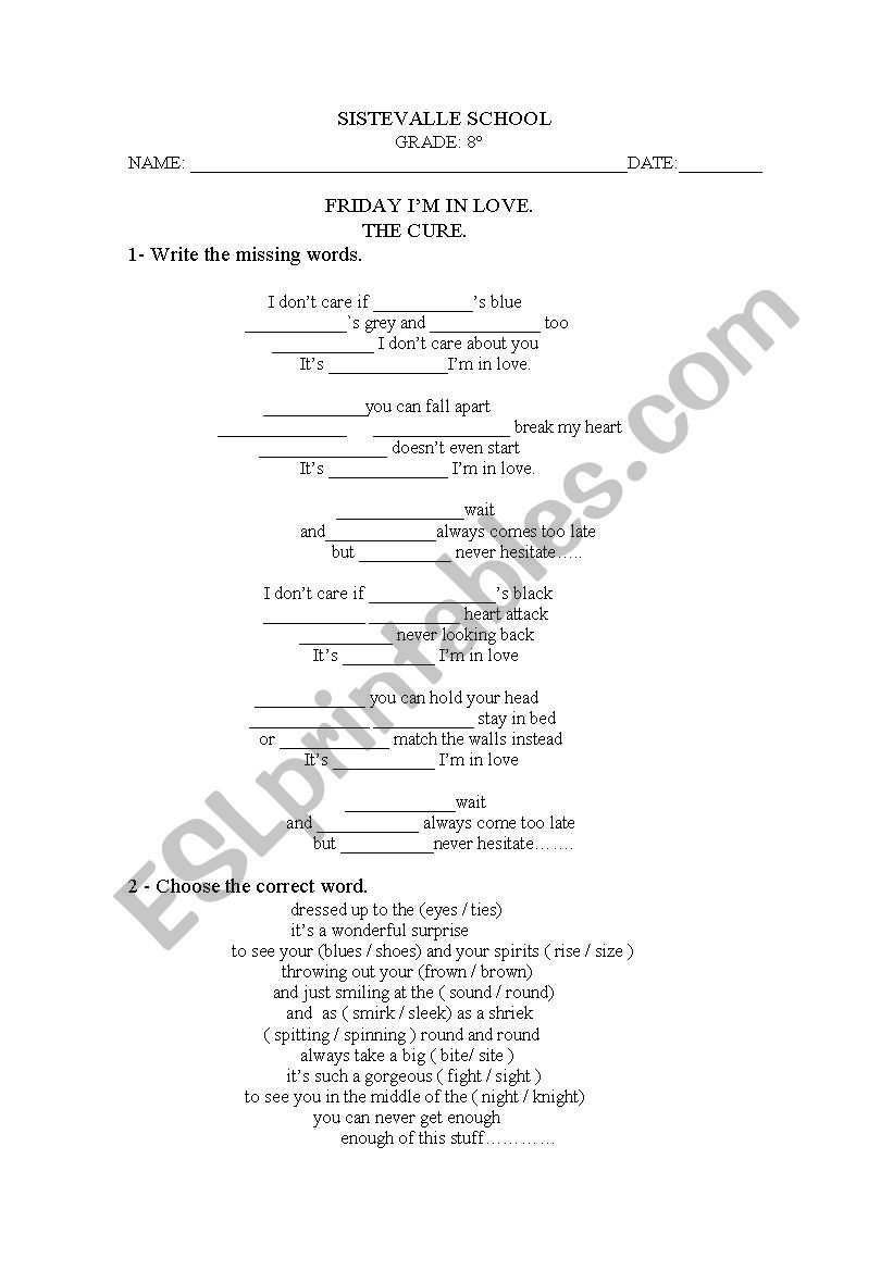 friday Im in love song worksheet
