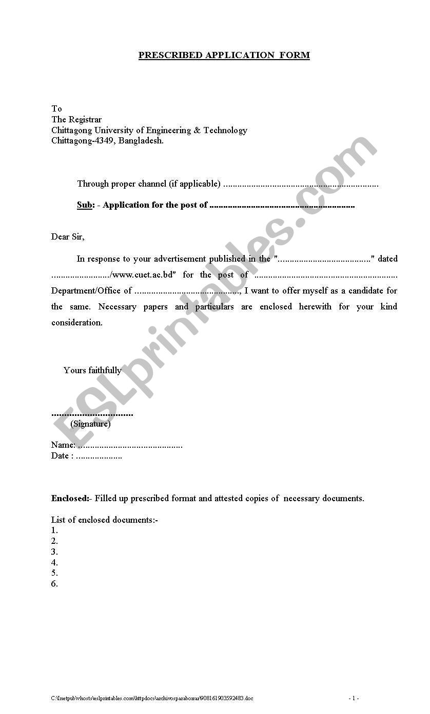 Cover Letter worksheet