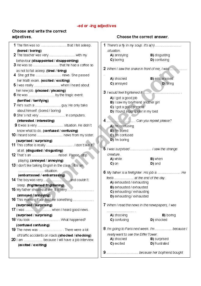 -ed or -ing adjectives worksheet