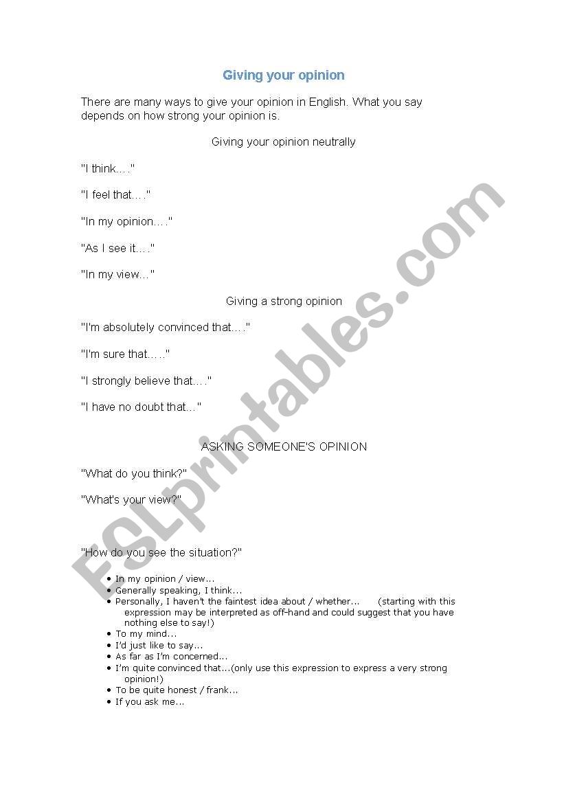 giving your opinion worksheet