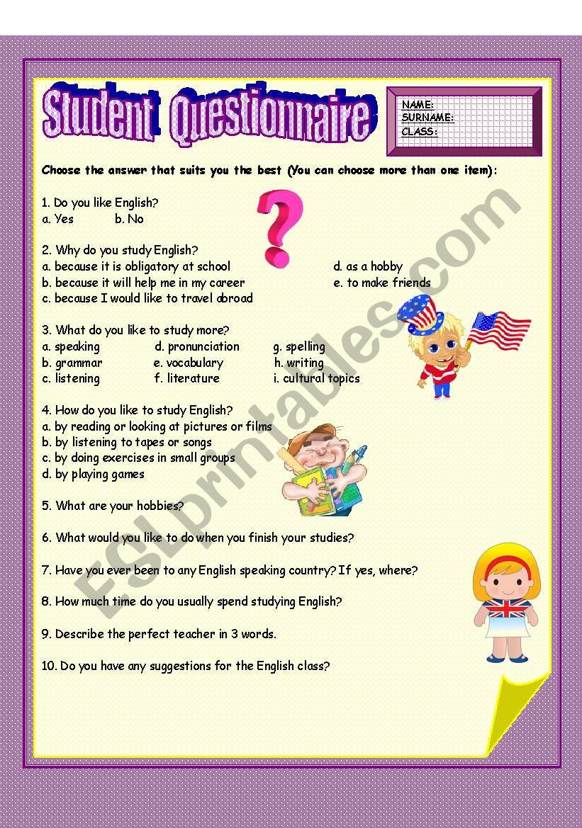 Student Questionnaire worksheet