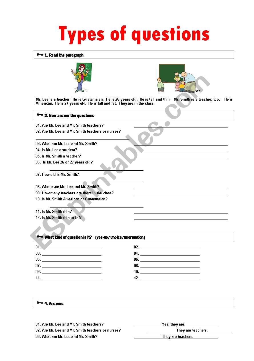 Types of questions worksheet