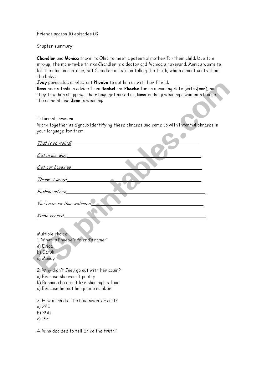 friends season 10 episode 09  worksheet
