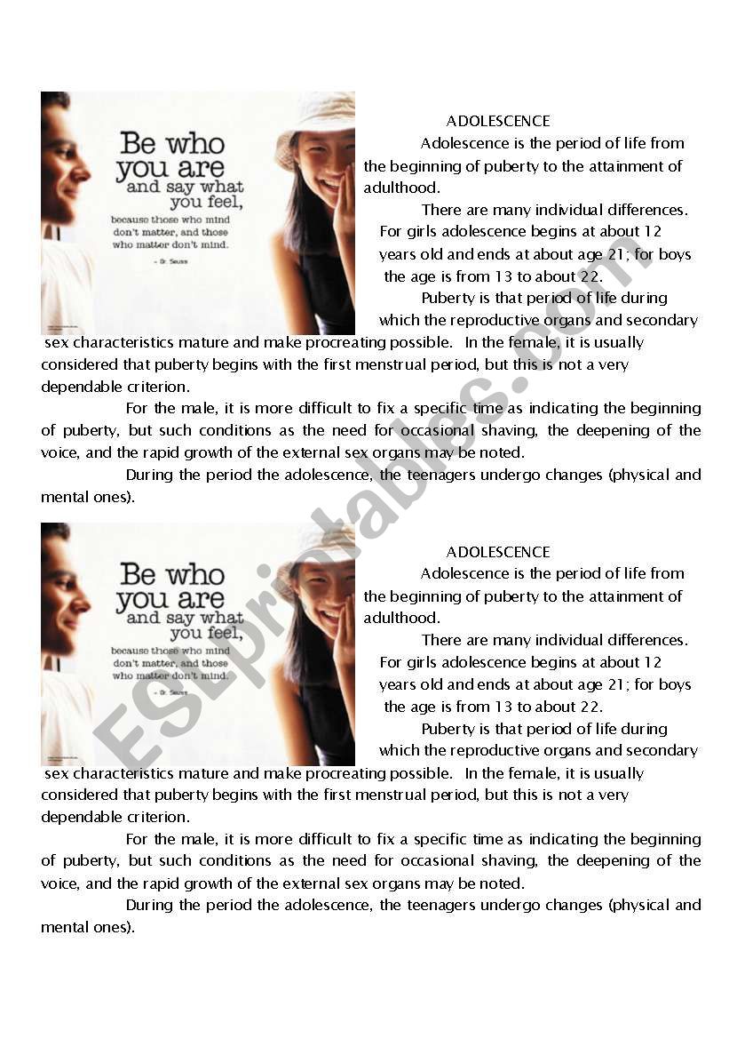 Adolescence worksheet