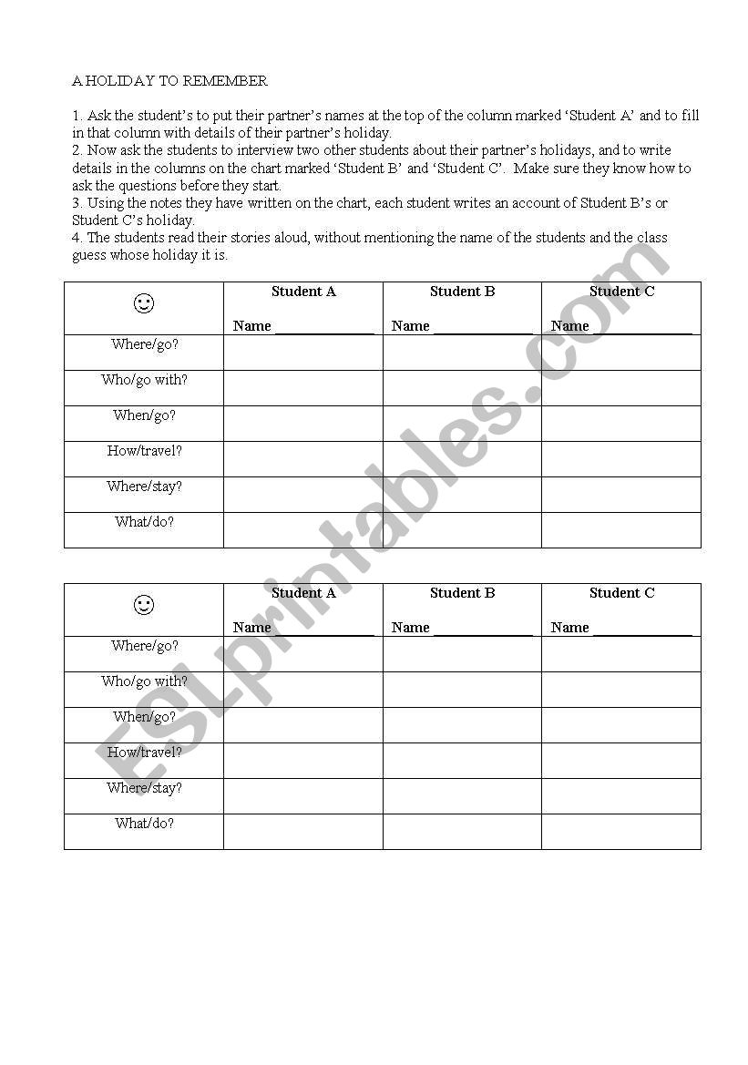 A HOLIDAY TO REMEMBER worksheet