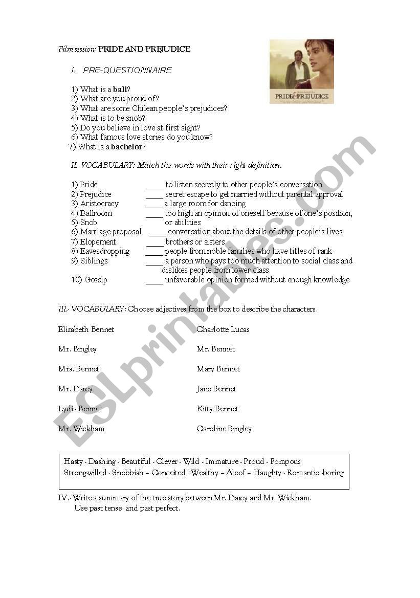 Pride and Prejudice worksheet