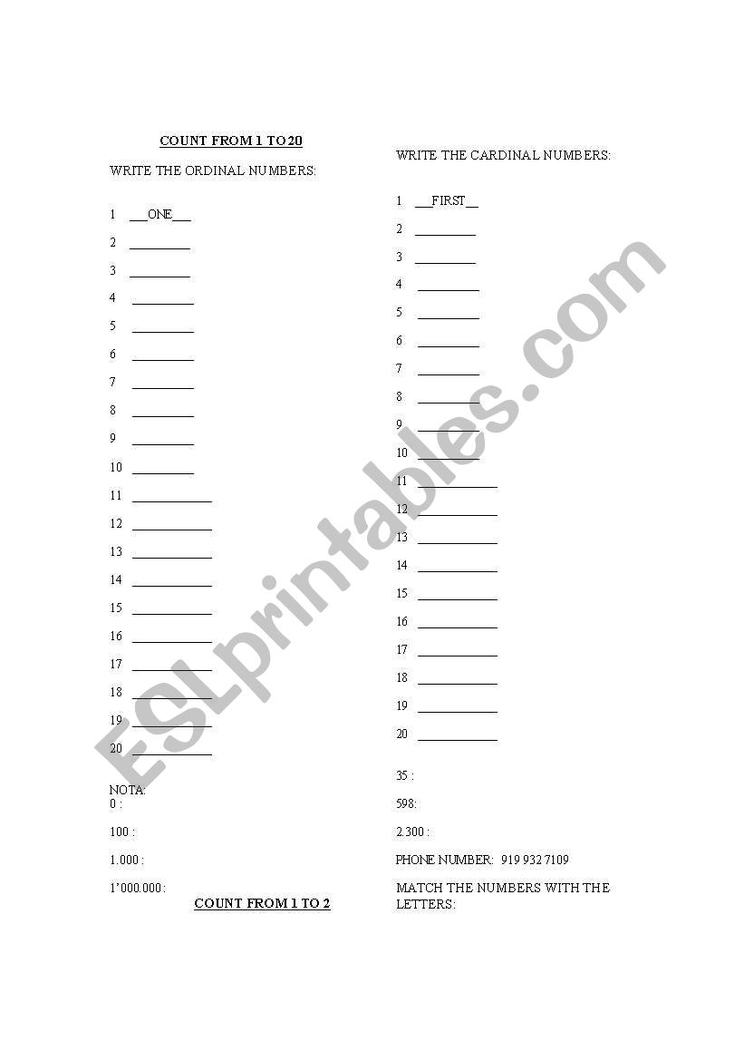 numbers worksheet